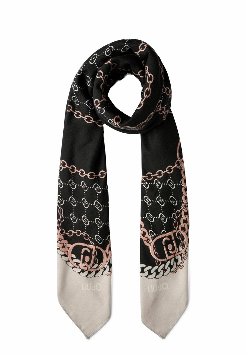 Foulard di seta nera con motivo a catena in rosa e bianco, su una base grigia chiara uniforme. Il design include un logo e catene dettagliate.