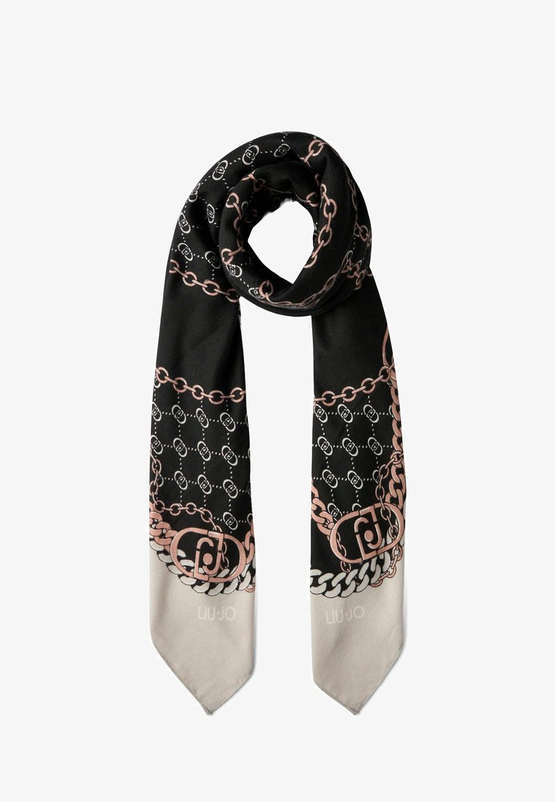 Foulard di seta nera con motivo a catena in rosa e bianco, su una base grigia chiara uniforme. Il design include un logo e catene dettagliate.