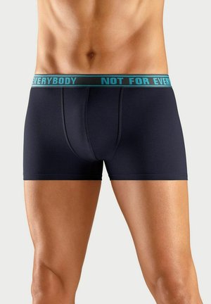 Dark navy boxer briefs with a fitted design, elastic waistband featuring turquoise text "NOT FOR EVERYBODY," smooth texture.