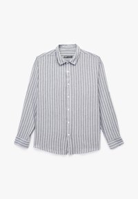 Grijs en wit gestreept overhemd met knoopsluiting, een kraag, lange mouwen en een regular fit. Beschikt over knopen aan de voorkant en omgeslagen mouwen.