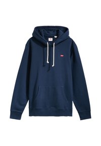 Marineblauwe hoodie van katoenmix, met een voorste kangoeroezak, koorden met grijze accenten en een klein rood Levi's-logo.