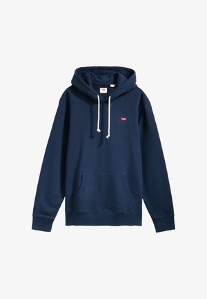 Niebieska bluza z kapturem wykonana z mieszanki bawełny, z przednią kieszenią typu kangur, sznurkiem do regulacji z szarymi akcentami oraz małym czerwonym logo Levi's.