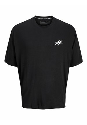 Black short-sleeve t-shirt made of cotton with a loose fit. Features a small white graphic design on the left chest and a round neckline.