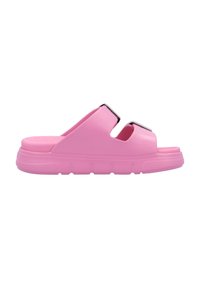 Pink slide sandal with two open straps, flat sole, textured outer, and rectangular silver accents on the straps.