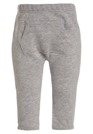 Graue Strick-Babyhose mit elastischem Bund und einer einzelnen aufgesetzten Tasche auf der Rückseite, von hinten gezeigt.