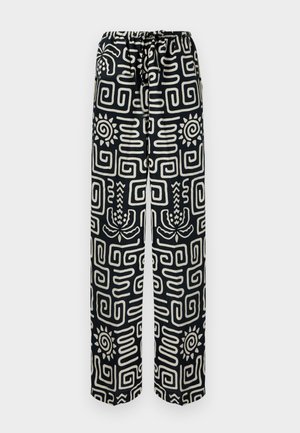 Pantalons noirs et crème à motif, dotés d'une taille à cordon de serrage, de motifs géométriques abstraits et de motifs solaires sur un tissu léger.