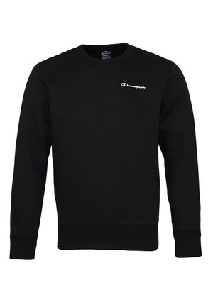 Czarna bluza z długim rękawem i okrągłym dekoltem, z małym białym logo „Champion” na górnej lewej części klatki piersiowej, metka w rozmiarze średnim w środku kołnierza.