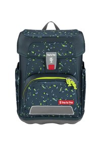 Children’s dark blue school backpack with green and gray confetti pattern, front zip pocket, reflective strip, and Step by Step logo.