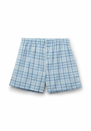 Shorts à carreaux bleu clair avec une taille élastique, dotés de deux boutons blancs et d'une texture douce et lisse. Petits motifs carrés et rectangulaires.