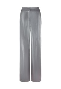 Zilveren wijde broek van gladde, glanzende stof. Heeft een platte tailleband en een voorste plooi, wat zorgt voor een slanke en moderne uitstraling.