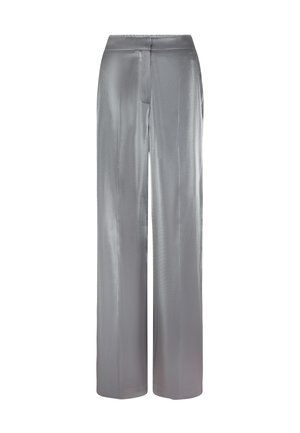 Silberne weit geschnittene Hosen aus glattem, glänzendem Stoff. Mit einem flachen Bund und Mitte vorne, die eine schlanke und moderne Silhouette bieten.