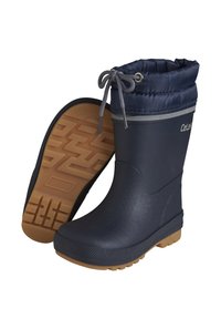 Bottes en caoutchouc étanches de couleur marine avec une finition texturée, un haut en nylon marine resserré, et une semelle en caoutchouc marron avec un motif de traction.