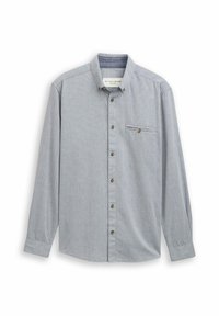 Chemise bleu clair à manches longues, avec un petit motif à carreaux, une poche poitrine et des boutons marron. Fabriquée dans un tissu doux et texturé.