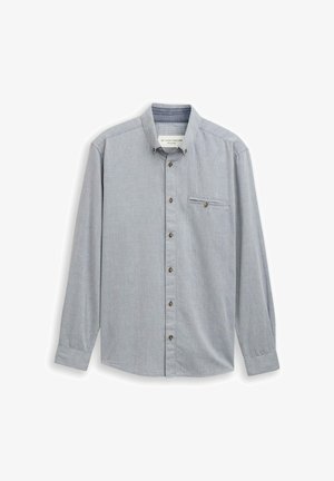 Lichtblauwe button-up shirt met een klein ruitenpatroon, lange mouwen, een borstzak en bruine knopen. Gemaakt van een zachte, gestructureerde stof.