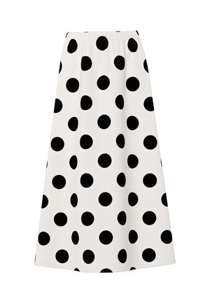 Gonna midi bianca con grandi pois neri, vita elastica e silhouette a trapezio.