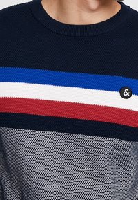 Strickpullover in Marineblau mit horizontalen Streifen in Rot, Weiß und Blau. Mit strukturiertem Stoff und einem Rundhalsausschnitt mit einem dekorativen Knopf.