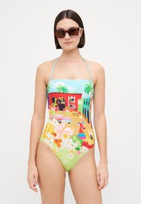 One-piece swimsuit with a colorful graphic design featuring flowers, palm trees, and a market scene. Material: smooth, stretch fabric.