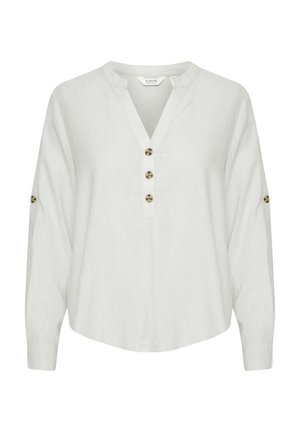 Bílá lněná blůza s výstřihem do V, knoflíkovým zapínáním vpředu s kulatými knoflíky a dlouhými rukávy s knoflíkovými detaily na manžetách.