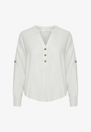 Camicia di lino bianca con scollatura a V, apertura con bottoni rotondi, e maniche lunghe con dettagli a bottoni ai polsini.