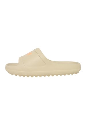 Beige casual slidesandaal met open teen, gestructureerde zool en een lichte plateau, ontworpen voor gemakkelijk aan- en uittrekken.