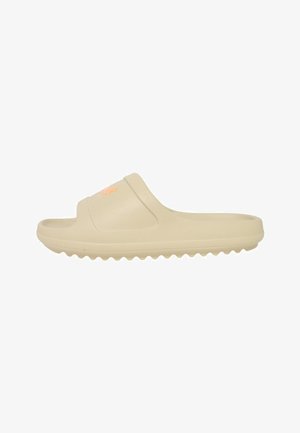 Beige casual slidesandaal met open teen, gestructureerde zool en een lichte plateau, ontworpen voor gemakkelijk aan- en uittrekken.