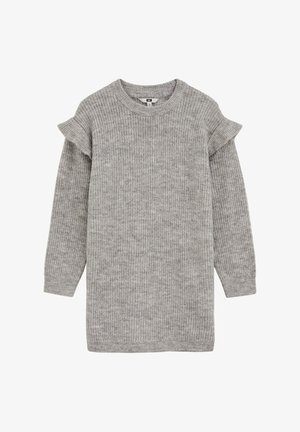 Pilkas megztinis su ilgomis rankovėmis, gloomamu tekstūru ir raukšlėmis ant pečių. Paprastas apvalus iškirpimas ir tiesus siluetas.