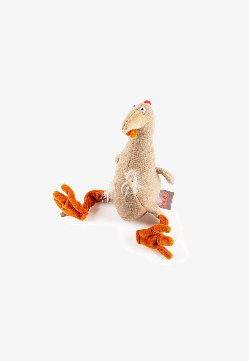 Stuffed toy chicken with a beige body, orange fabric legs, and a red comb. Features large eyes and a textured surface. Contains loose stuffing.