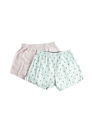 Dos pares de calzoncillos tipo bóxer de algodón con cinturillas elásticas, uno azul pálido con patrones en negro y blanco, el otro rosa claro con finas rayas.