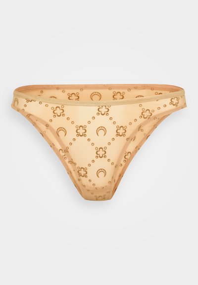 Light peach bikini bottom featuring a floral and crescent moon pattern in darker shades, with a smooth texture and elastic waistband.