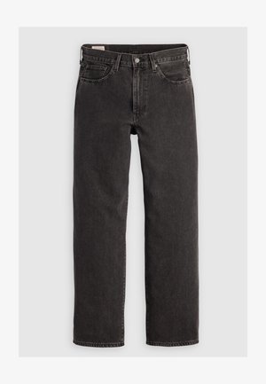 Černé džíny z denimu se rovnými nohavicemi, s klasickým pětikapsovým designem, kovovým knoflíkem a kontrastními švy.