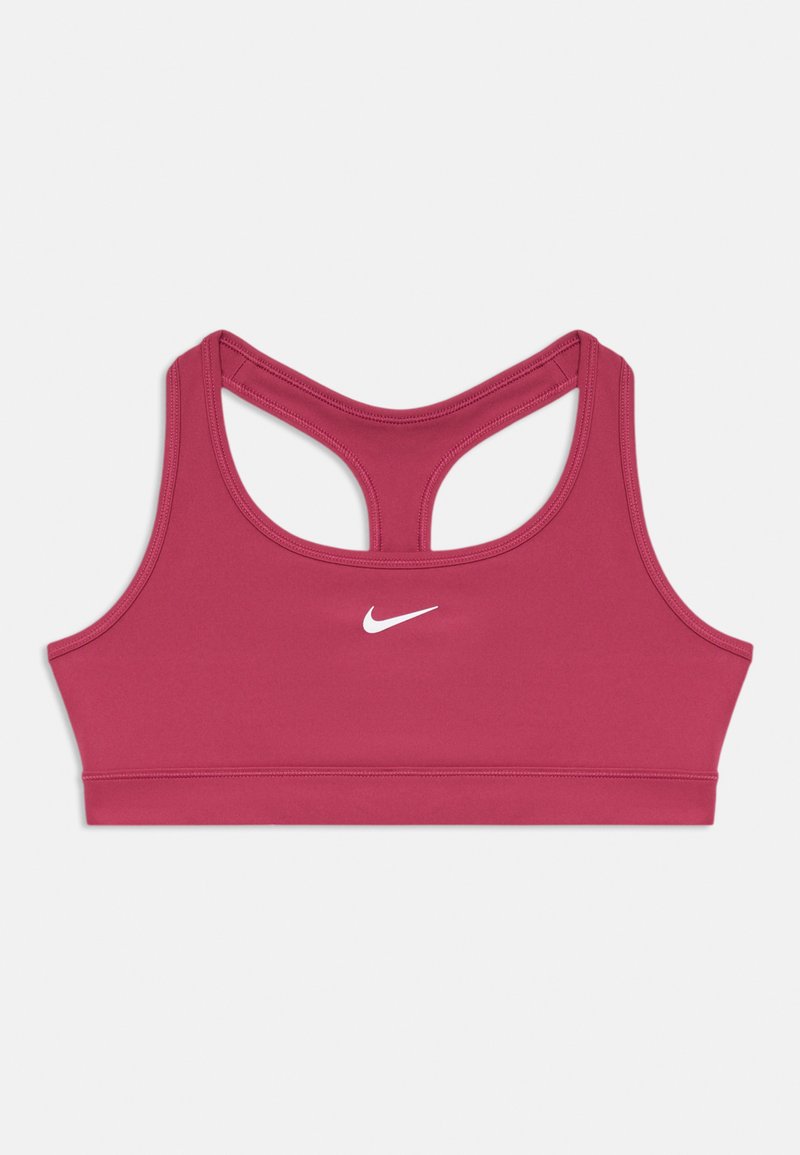 Sutien desportivo em fúcsia, com um tecido liso e elástico. Apresenta um design de costas nadador e um logótipo da Nike branco centrado na frente.