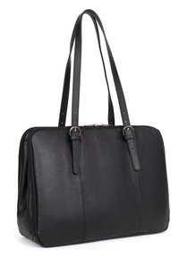 Zwarte leren tote bag met twee lange handvatten, rechthoekige vorm, gladde textuur en zichtbare stiksel details. Zilveren hardware aan de bovenkant.