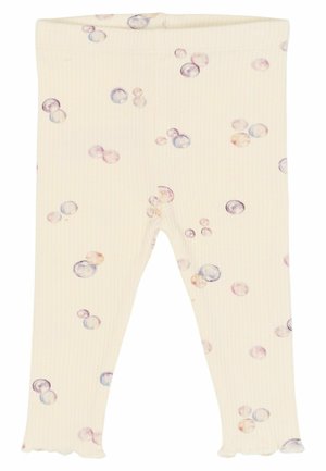 Light cream toddler leggings with ribbed texture, featuring a bubble pattern in shades of purple and pastel colors. Scalloped hem detail.