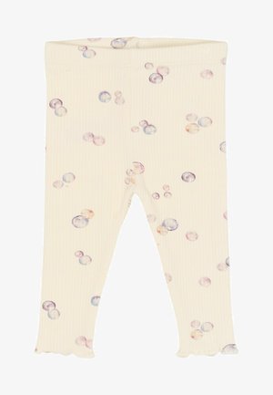 Leggings per bambino color crema chiaro con texture a coste, caratterizzati da un motivo a bolle in tonalità di viola e colori pastello. Dettaglio orlo smerlato.
