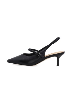 Sort læder spids tå slingback med en tynd mellem hæl og en tynd justerbar rem over vristen.