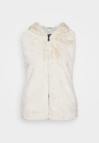 Krémová umělá kožešinová vesta s kapucí, která má přední zip a měkkou texturu. Bez rukávů, navržena pro teplo a pohodlí.