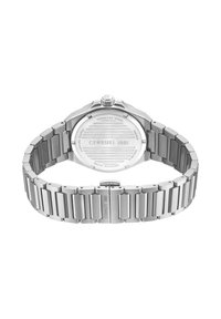 Reloj de pulsera de acero inoxidable con acabado pulido, pulsera tipo eslabón y caja redonda. La parte trasera presenta grabados y textura, diseño resistente al agua.