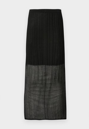 Black ribbed midi skirt with a sheer lower half and elastic waistband, displayed flat on a white background.