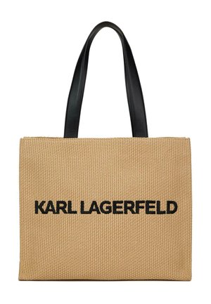 Rechthoekige beige geweven tote bag met zwarte "KARL LAGERFELD" tekst en twee lange zwarte leren hengsels.