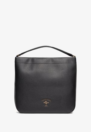 Geantă din piele texturată neagră, cu o siluetă plată, mânere scurte și un logo în nuanță de aur. Dispune de un fermoar neted pe partea de sus.