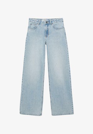 Světle modré džíny s širokými nohavicemi, s předními a zadními kapsami, zapínáním na knoflík a zip a jemnými ozdobami z malých kamínků.