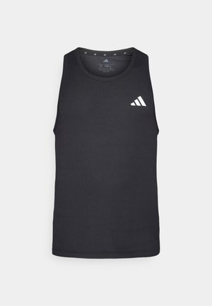 Black athletic tank top made of ribbed fabric, featuring a crew neck, wide armholes, and a white logo on the left chest.