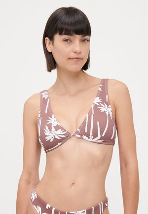 Soutien-gorge de bikini brun avec imprimé de feuilles de palmier blanches. Encolure en V, larges bretelles et texture douce. Convient pour une utilisation en maillot de bain.