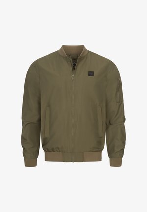 Olive green bomber jacket with a zip front, ribbed cuffs, and hem. Features two side pockets and a sleeve pocket with a small logo patch.