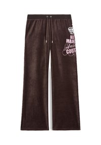 Braune Velours-Hose im weiten Schnitt mit einem Kordelzugbund und leicht rosa bedrucktem Text, der eine Krone und dekorative Elemente zeigt.