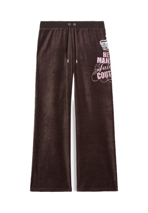 Brown velour wide-leg pants with a drawstring waistband and light pink printed text, featuring a crown graphic and decorative elements.