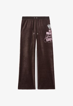 Bruine velours wijde broek met een elastische tailleband en lichtroze bedrukte tekst, met een kroonafbeelding en decoratieve elementen.