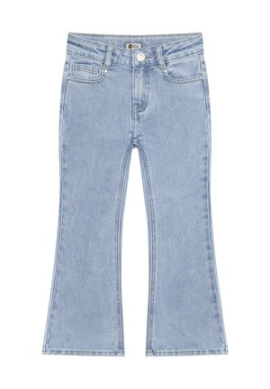 Ljusblå denimjeans med lätt utsvängd nederkant, knäppning med knappar, hällor för bälte och framfickor.