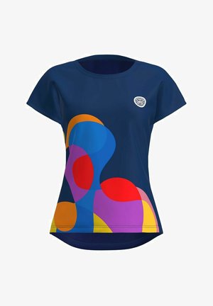 Camiseta deportiva azul marino de mangas cortas, con formas abstractas coloridas en naranja, rosa, rojo y azul. Cuello redondo, tejido suave.
