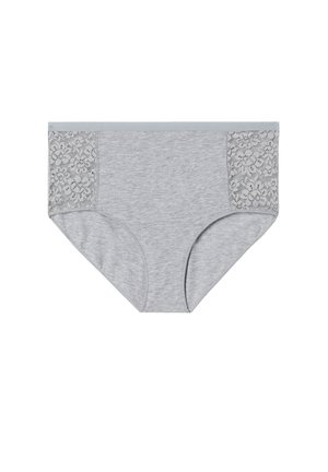 Ropa interior gris con una textura suave, con detalles de encaje en los lados. La banda elástica es de un color azul claro contrastante.